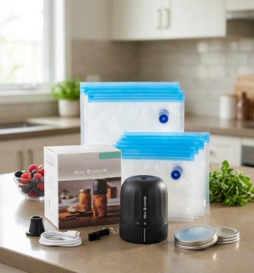 The SealSaver Family Companion Bundle: SealSaver Electric USB-C Vacuum Sealer, 2 Bonus BPA-Free One-Way Valve Zip Bags, 10 Bonus Mason Jar Lids (5 regular + 5 wide mouth), Special Lid Opener, 5 Large + 5 Medium + 5 Small One-Way Valve BPA-Free Bags