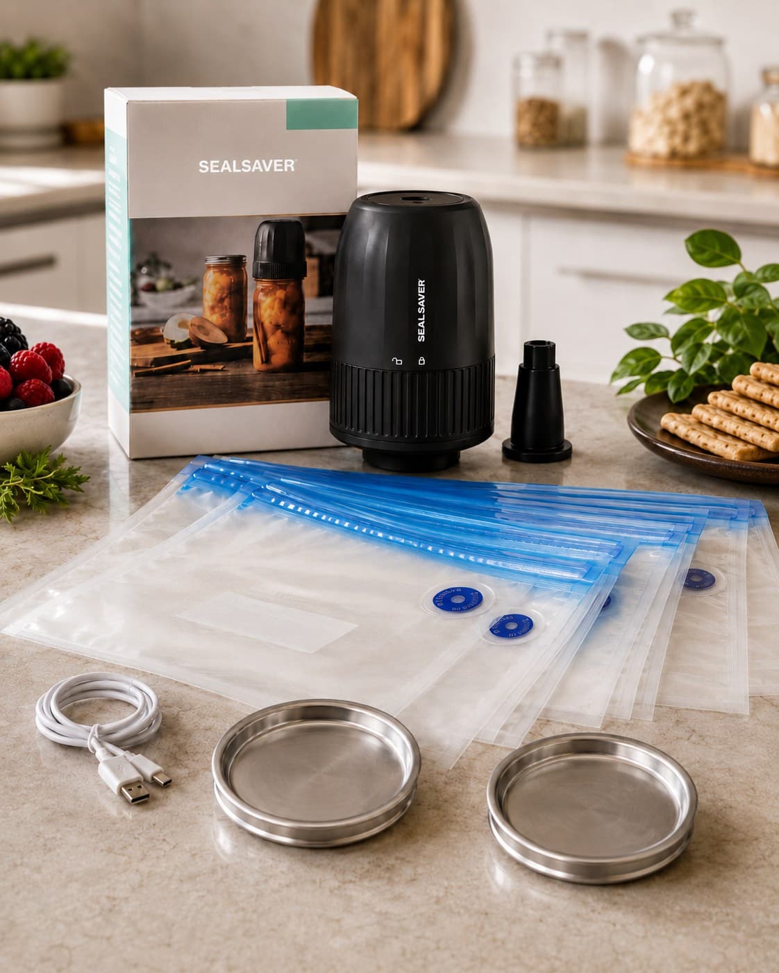 The SealSaver Explorers Bundle: SealSaver Electric USB-C Vacuum Sealer, 2 Bonus BPA-Free One-Way Valve Zip Bags, 10 Bonus Mason Jar Lids (5 regular + 5 wide mouth), Special Lid Opener, 5 Large + 5 Medium + 6 Small One-Way Valve BPA-Free Bags