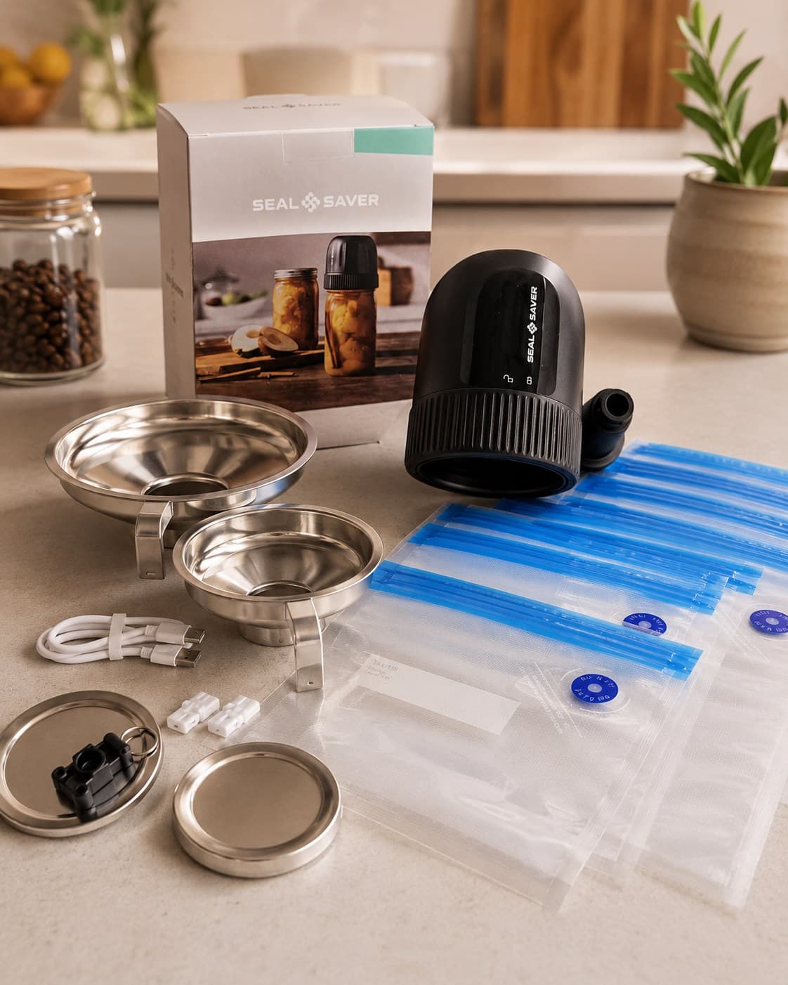 The SealSaver Everything Bundle: SealSaver Electric USB-C Vacuum Sealer, 2 Bonus BPA-Free One-Way Valve Zip Bags, 10 Bonus Mason Jar Lids (5 regular + 5 wide mouth), Special Lid Opener, 5 Large + 5 Medium + 6 Small One-Way Valve BPA-Free Bags, 1x Food Grade Stainless Steel Funnel Set (1 Large + 1 Small)