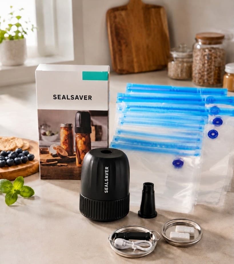 The SealSaver Healthy Habits Bundle: SealSaver Electric USB-C Vacuum Sealer, 2 Bonus BPA-Free One-Way Valve Zip Bags, 10 Bonus Mason Jar Lids (5 regular + 5 wide mouth), Special Lid Opener, 10 Medium + 10 Large One-Way Valve BPA-Free Bags