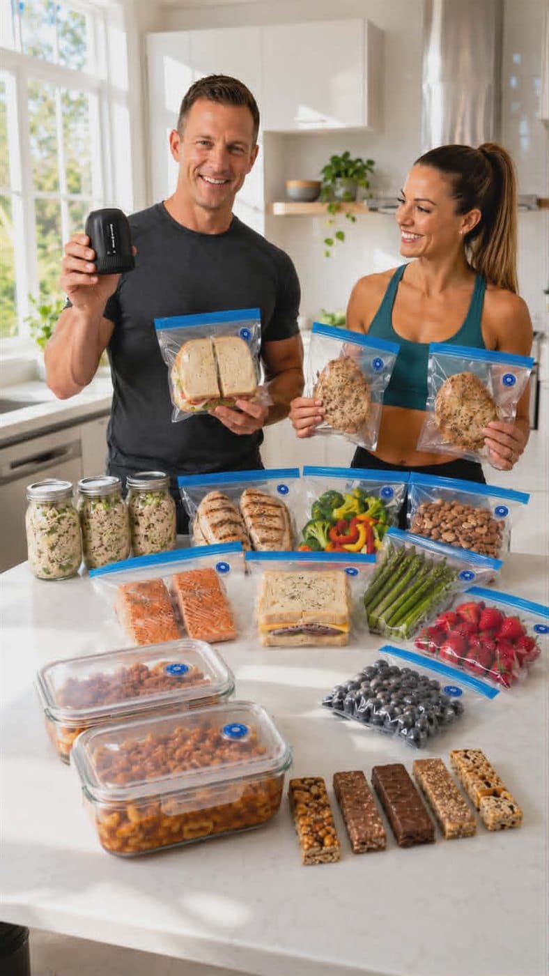 Meal prep portions for the week sealed in SealSaver bags and jars