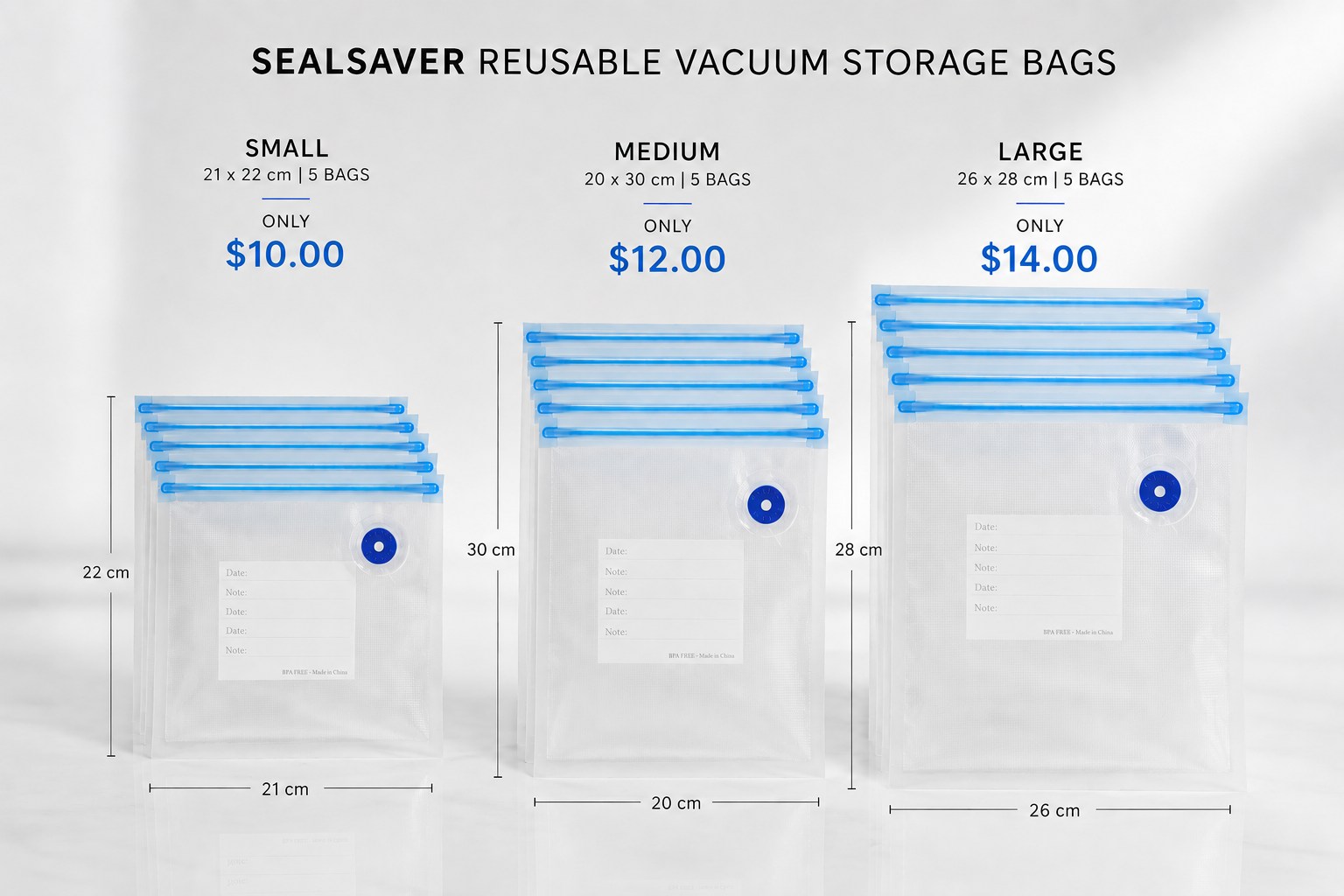 SealSaver replacement bags — small, medium and large sizes with pricing